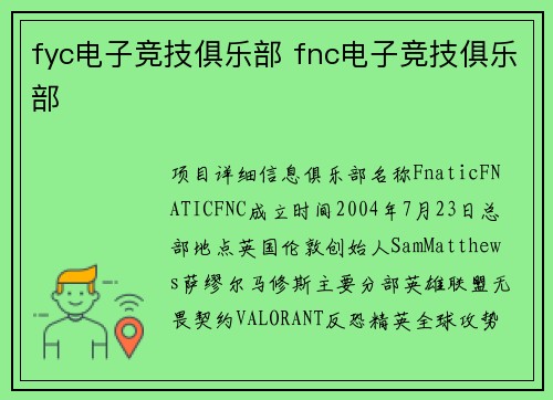 fyc电子竞技俱乐部 fnc电子竞技俱乐部